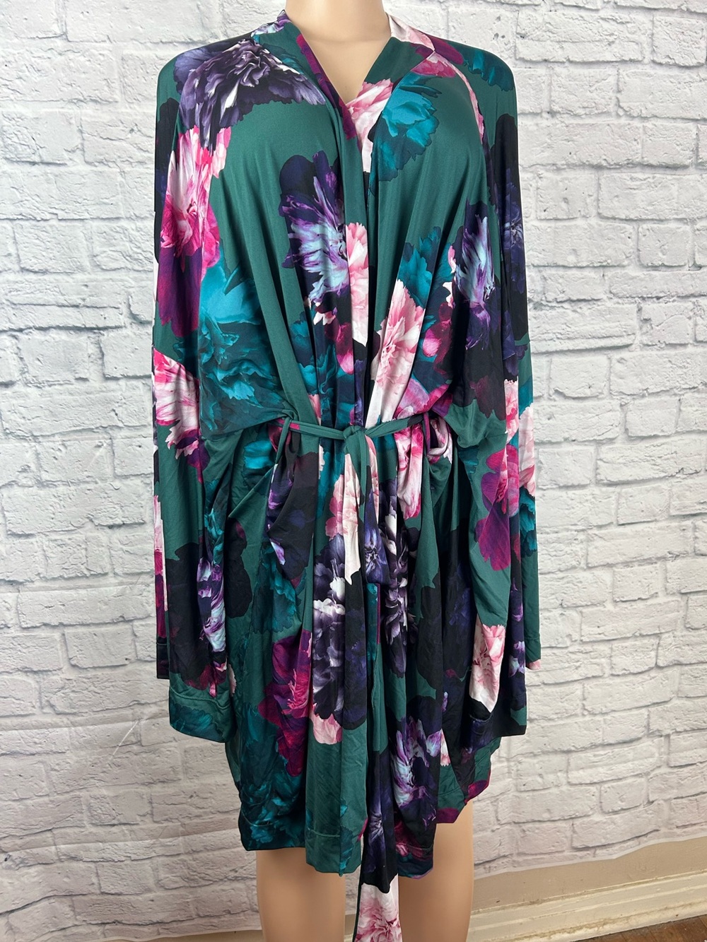 Cacique 30/32 Plus Size Floral Robe Green Pink Purple Belted Stretch